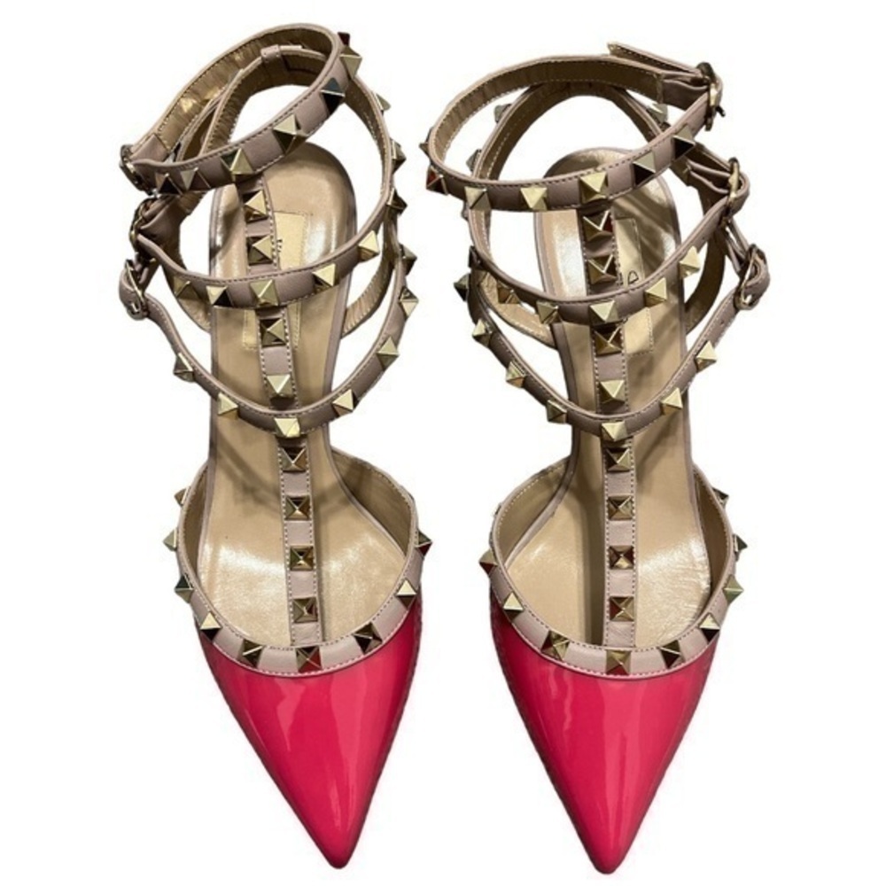 Valentino Garavani Caged Rockstud Fuchsia Pink Patent Leather Kitten Heels 38.5 - Picture 2 of 8